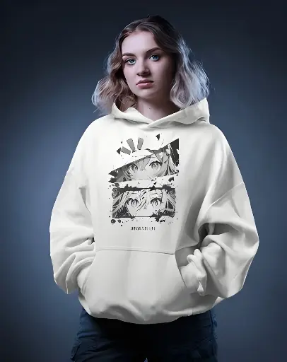 Women's White Anime Graphic Printed Hoodie