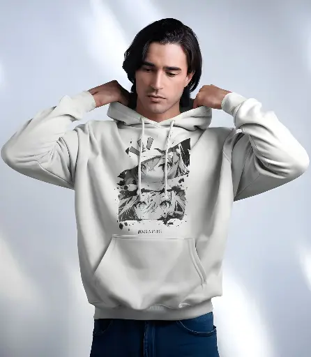 Men's White Anime Graphic Printed Hoodie