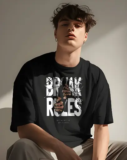 men's oversized break rules graphic printed tshirt black