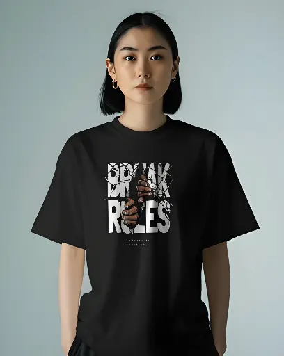 women's oversized break rules graphic printed tshirt black
